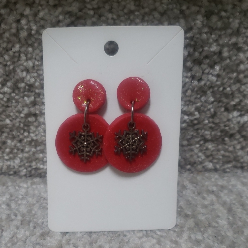 Red Snowflake Dangle Earrings Clay